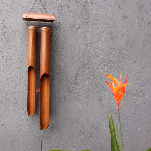 KDMK Rustic Brown Bamboo Hanging Windchime with 4 Large Wood Tubes