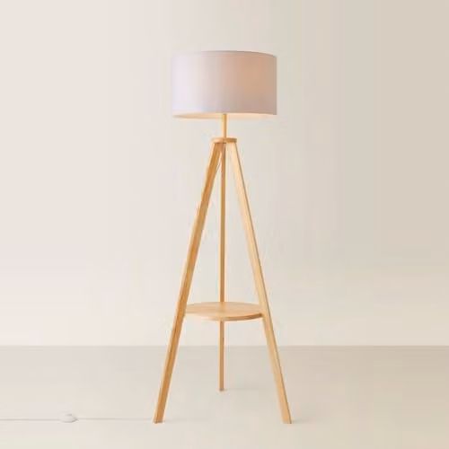 ValueLights Morrigan Modern Wood Tripod Floor Lamp with Grey Fabric Drum Shade and LED Bulb – 1