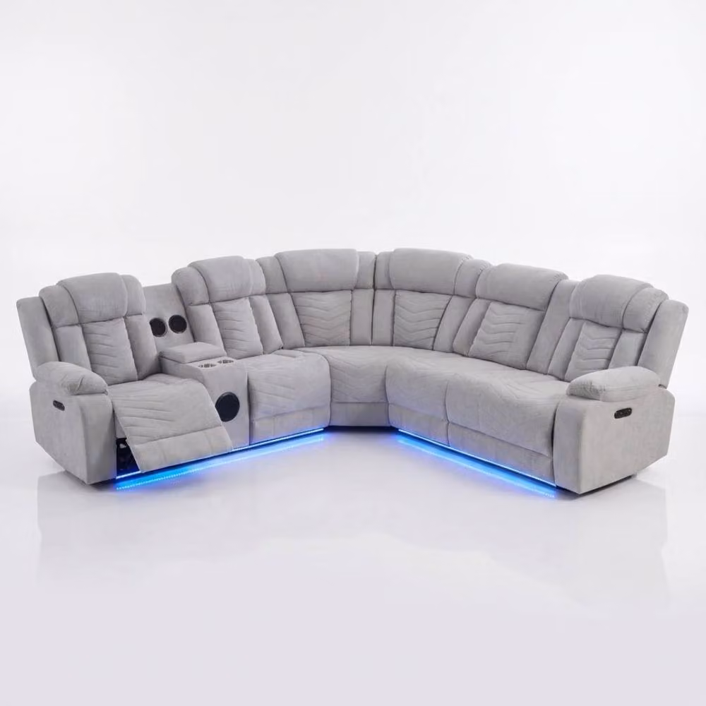 HOME LUXE INTERIOR Rico Grey Fabric Electric Recliner Corner Sofa with LED Lighting, Bluetooth, USB Charging and Cup Holders – 3