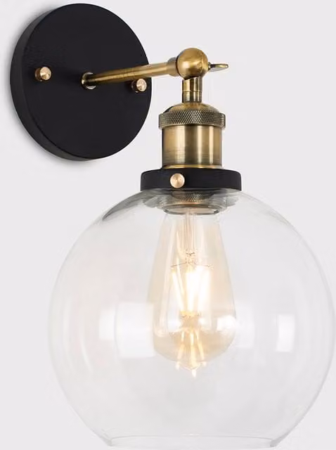 ValueLights Sheridan Pair of Industrial Amber Glass Bowl Wall Lights with Gold Trim and Black Metal Accents – 1