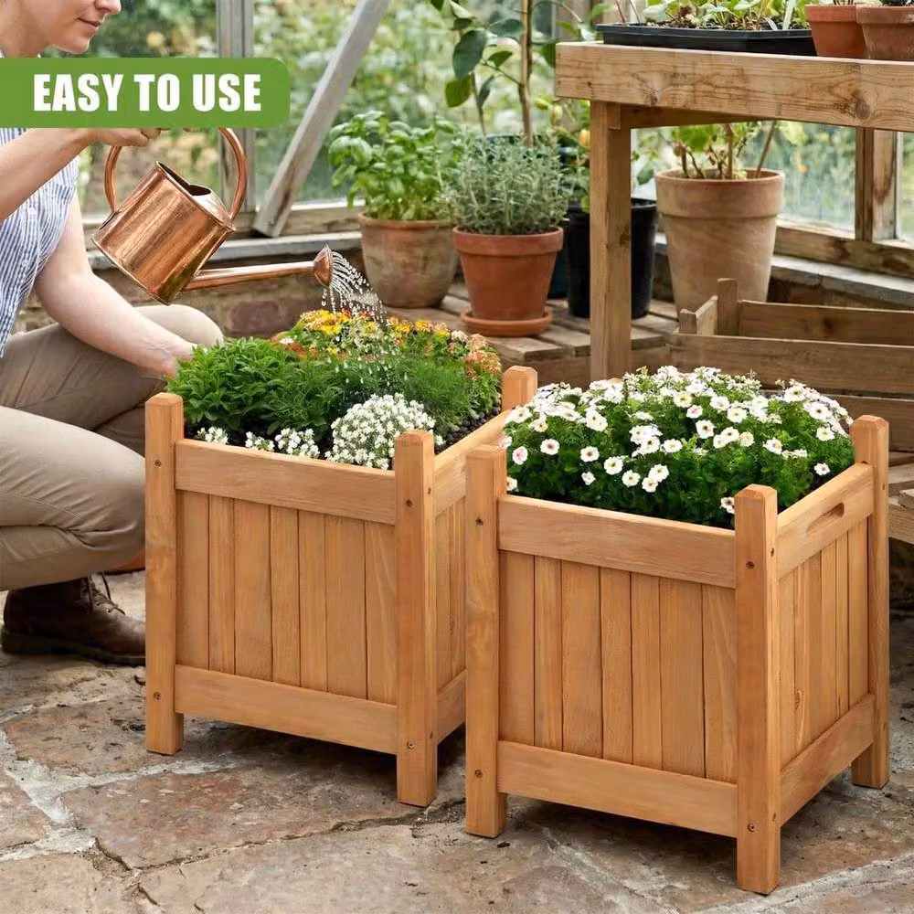 Kelvenix Set of 2 Brown Wooden Square Planter Tubs W/D/H: 30 x 30 x 38 cm – 2