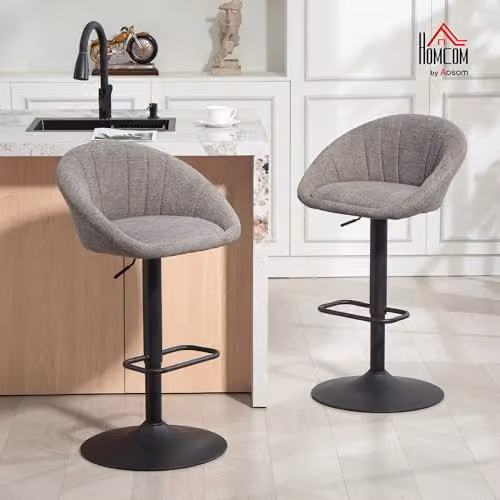 HOMCOM Set of 2 Grey Swivel Bar Stools with Fabric Upholstery and Metal Base – 2