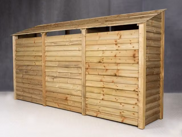 Arbor Garden Solutions Triple Bay Wooden Log Store with Reverse Pent Roof and Kingling Shelf in Natural Light Green