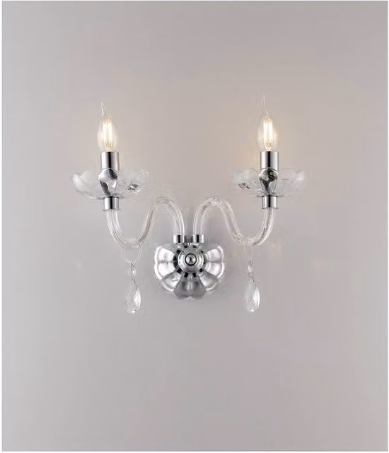 Netlighting RIFLESSO Twin 2 Light Candle Wall Light in Chrome and Crystal, Silver, W: 40 cm, H: 35 cm, D: 18 cm