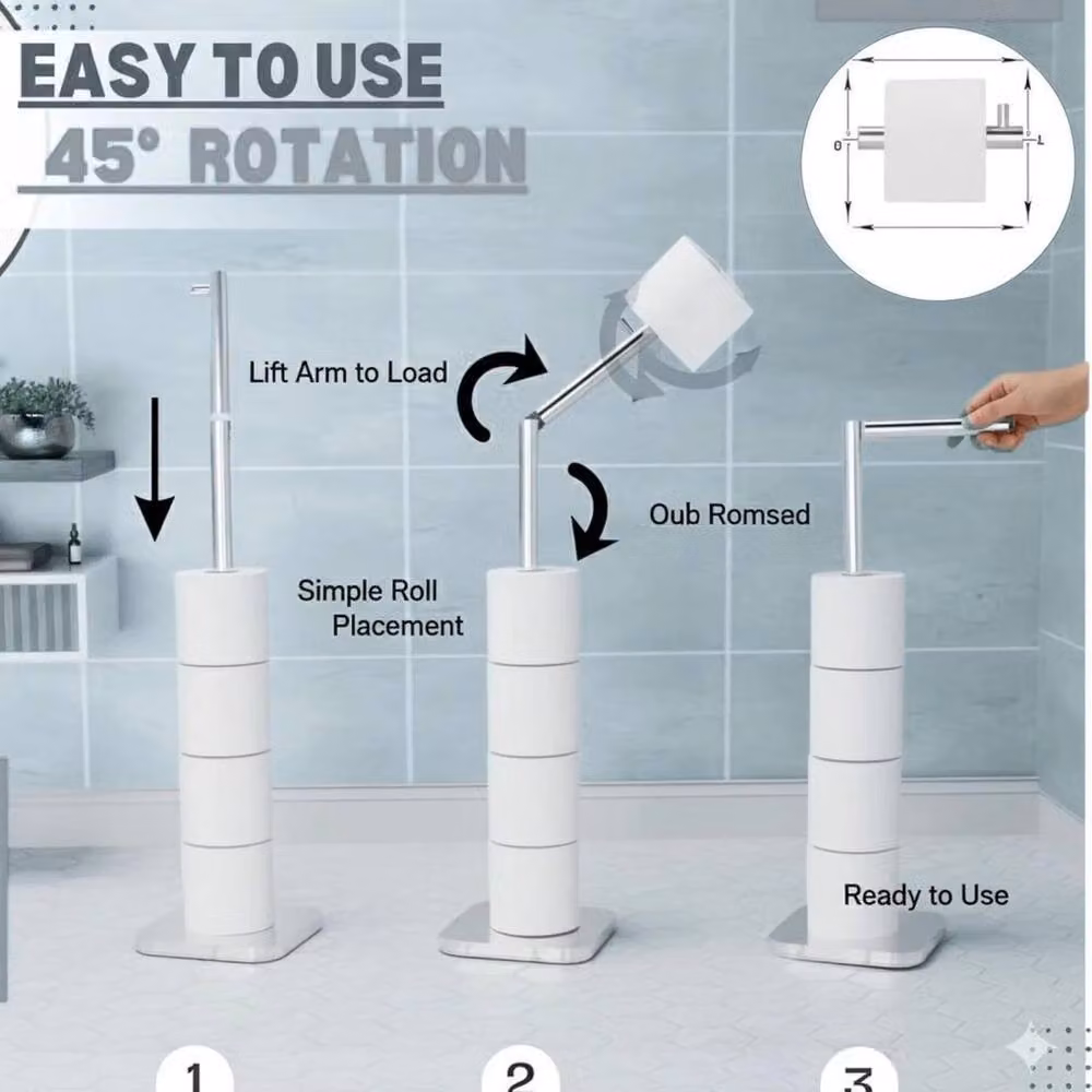 PAWNORA White and Silver 2-in-1 Freestanding Metal Toilet Roll and Spare Roll Holder – 2