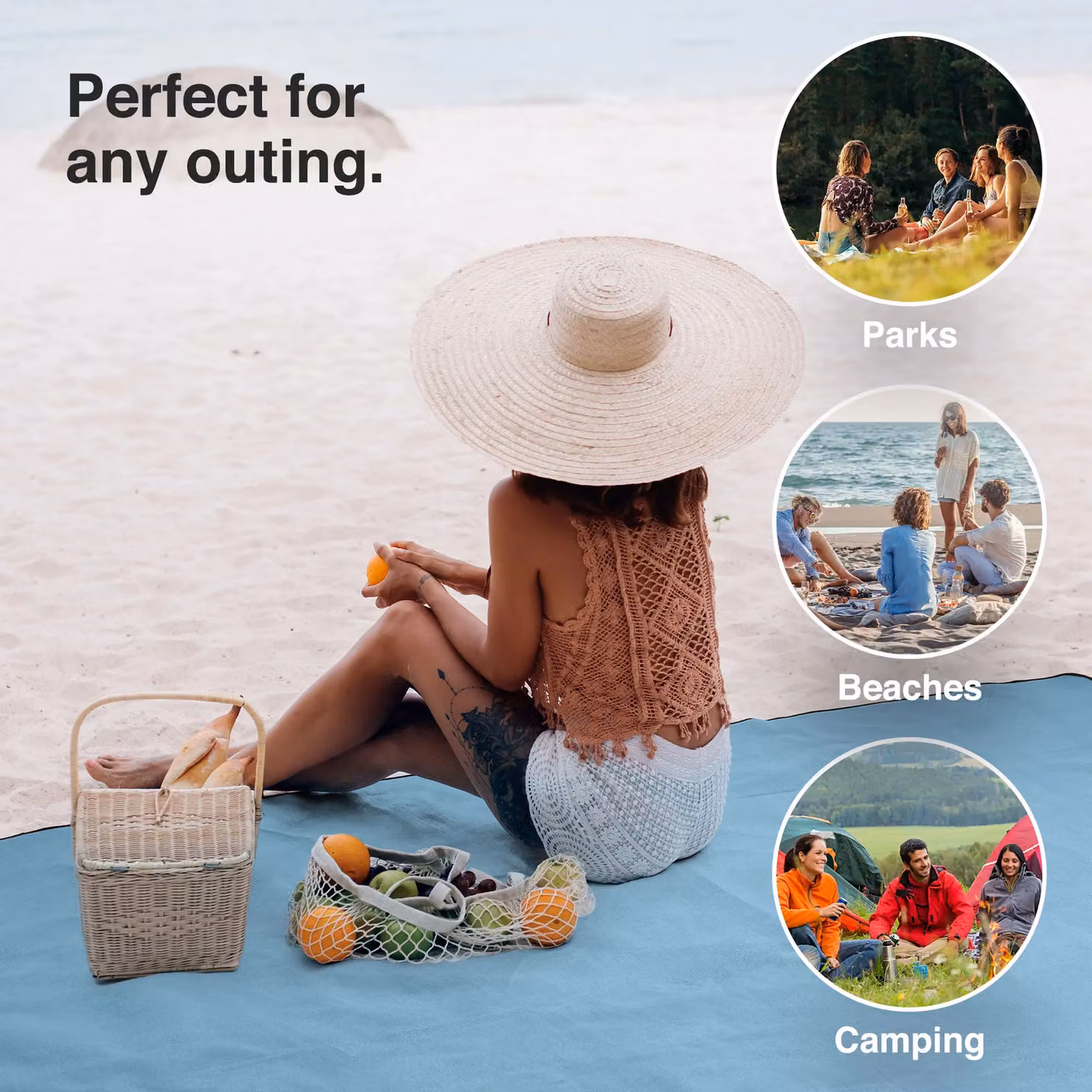 VonShef Large Blue Herringbone Design Outdoor Picnic Blanket with Waterproof Underside and Carry Handle – 2