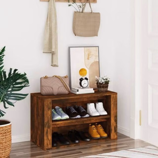 Berkfield Home Smoked Oak Shoe Rack in Brown, W/D/H: 75 x 35 x 45 cm