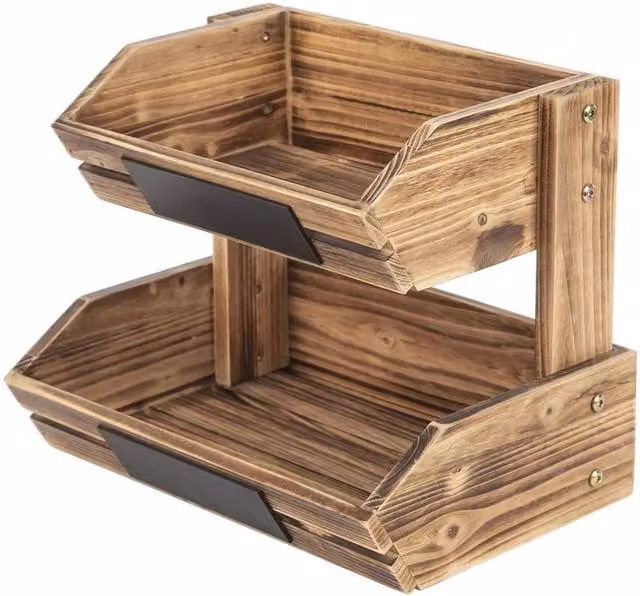 VOGREX 2-Tier Brown Wooden Fruit and Vegetable Storage Rack Kitchen Display Stand