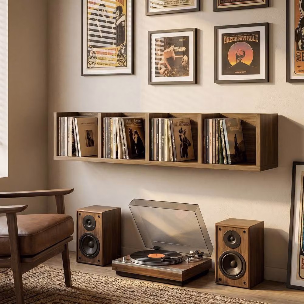 STILVORA Wall-Mounted CD Shelf with 4 Compartments in Brown – 3