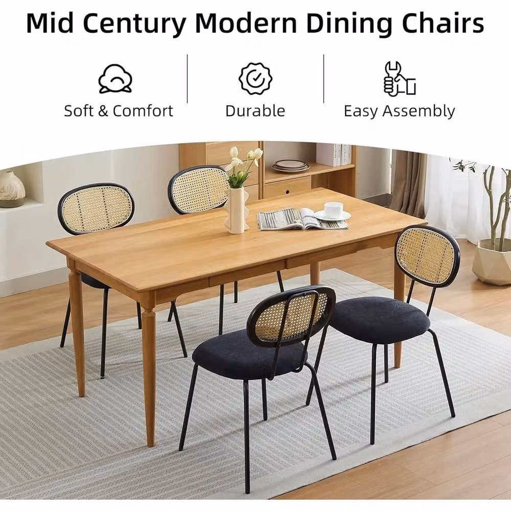 VOGREX Set of 2 Mid-Century Dining Chairs with Rattan Backrest and Fabric Upholstery in Black – 4