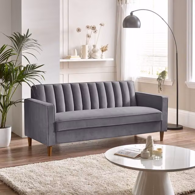 Furniturebox Kit 3 Seater Grey Fabric and Velvet Modern Sofa