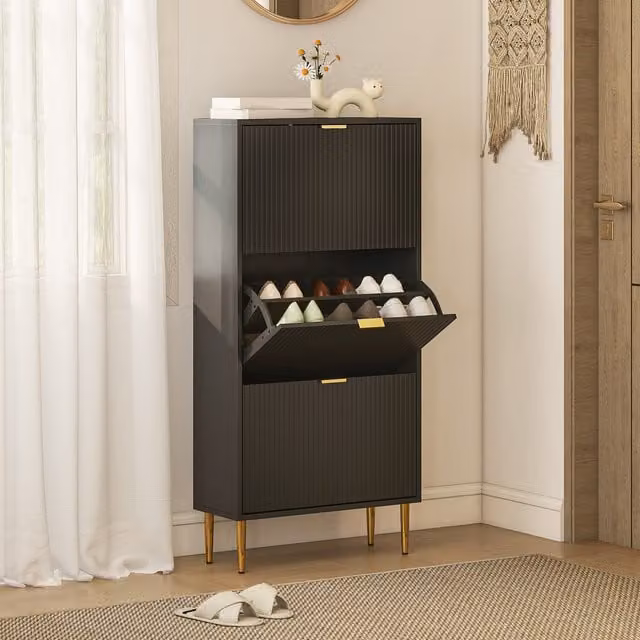 HOMCOM Slim Modern Shoe Storage Cabinet with 2 Tilting Compartments in Black and Gold, W: 60 cm, H: 122.5 cm, D: 12 cm