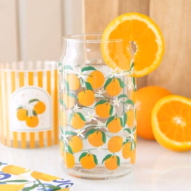 Uniqueful Orange Floral Print Glass Tumbler, 1000ml