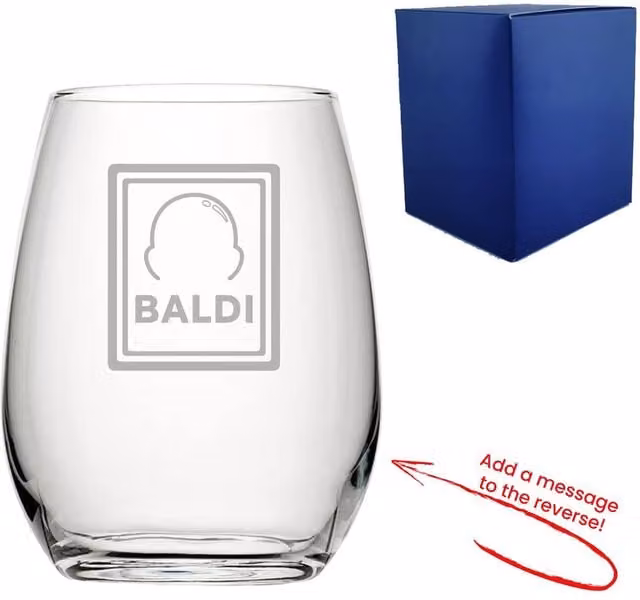 Uniqueful Personalised Engraved Stemless Wine Glass with Baldi Design Message in Clear Glass