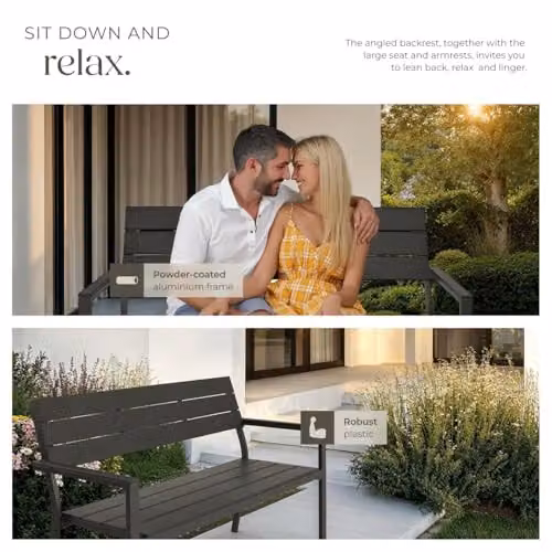 tectake 2-Seater Garden Bench with Metal and Wood Construction in Grey, W/D/H: 128 x 59 x 88 cm – 8