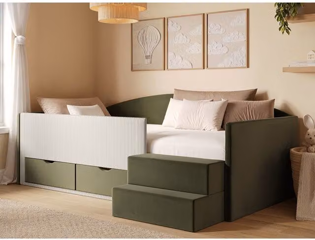 Flair Elisa Velvet Storage Low Sleeper Bed with Beige Cord in Green, 90 x 200 cm – 1