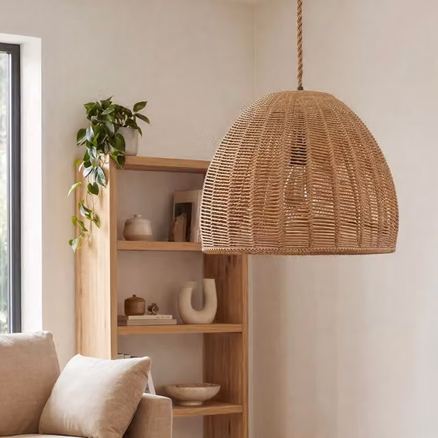 Emitto Boho Round Woven Pendant Ceiling Light Shade in Grey and Natural with Rattan, Hemp Rope and Metal, W/D/H: 29 x 29 x 23 cm