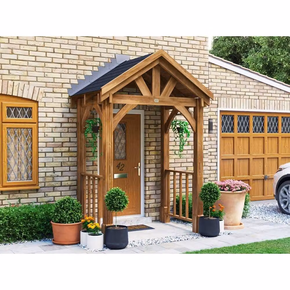 Dunster House Pressure Treated Wooden Porch Canopy Kit in Brown with Black Shingles – 2