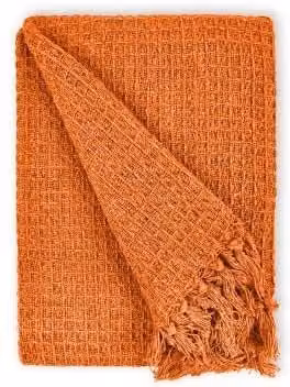 Emma Barclay Waffle Pique Cotton Throw in Orange with Fringes, W/D/H: 178 x 254 cm – 1