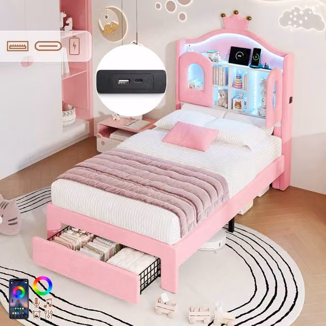 BTM Single Velvet Bed with Wavy Headboard, USB Charging Port and Drawers, Pink, W/D/H: 90 x 190 cm – 1