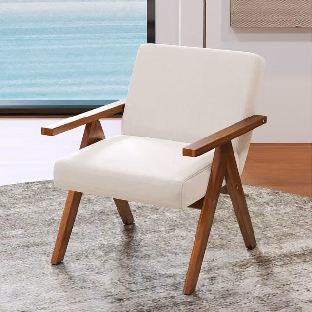 Costway Modern White Linen Fabric Armchair with Acacia Wood Frame and Armrests