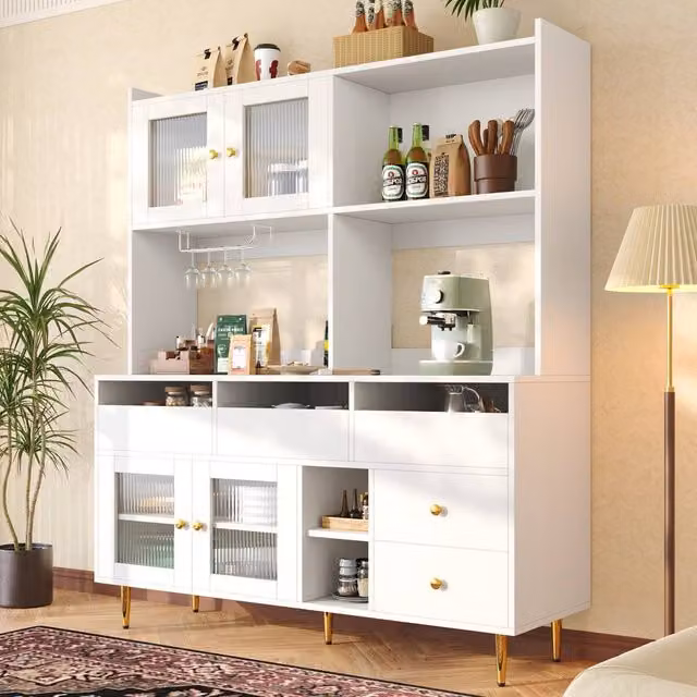 STILVORA Modern White Sideboard with Glass Doors and Wine Rack, Width: 145 cm