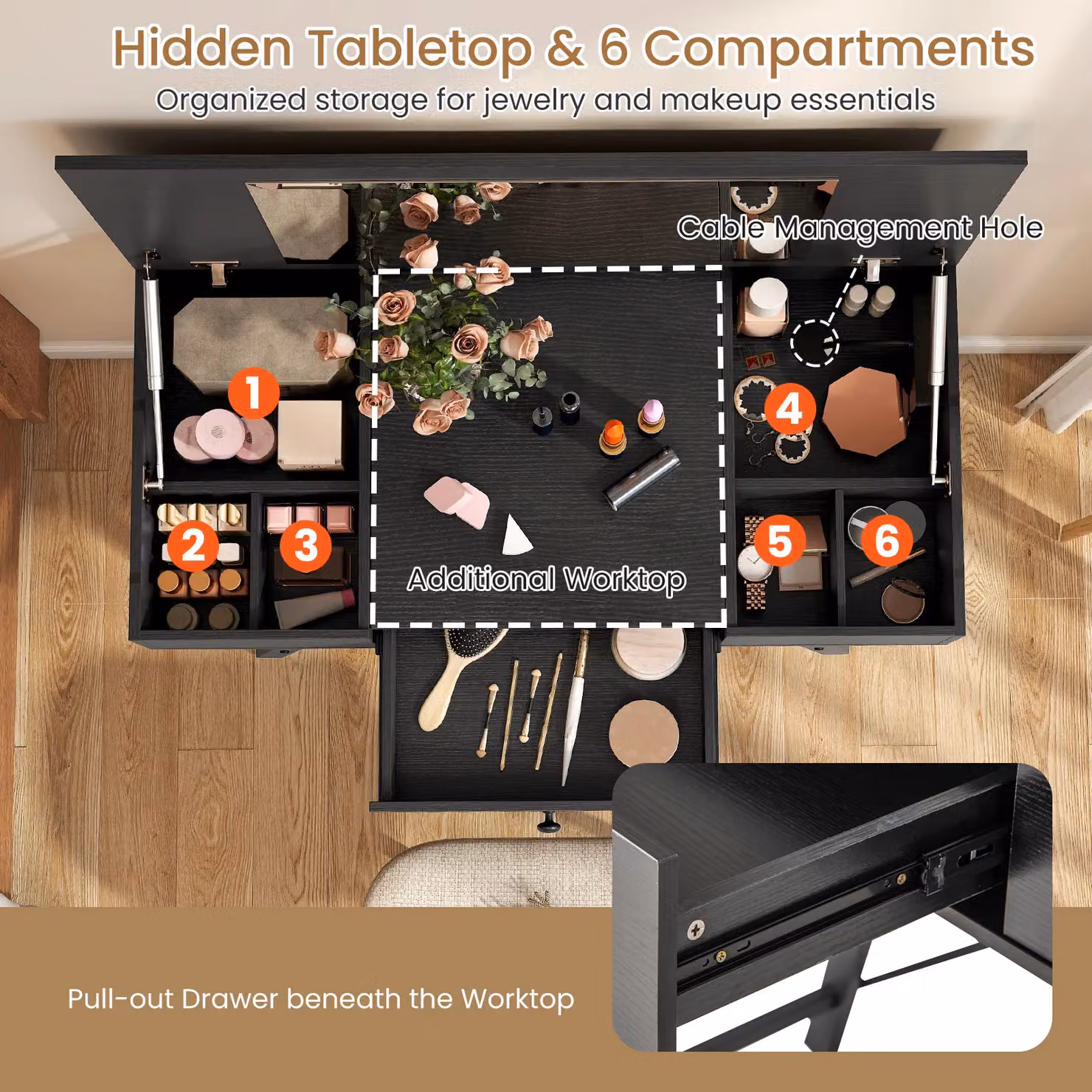 Costway Modern Black Flip Top Vanity Desk with Mirror and Metal X-Frame Design – 4
