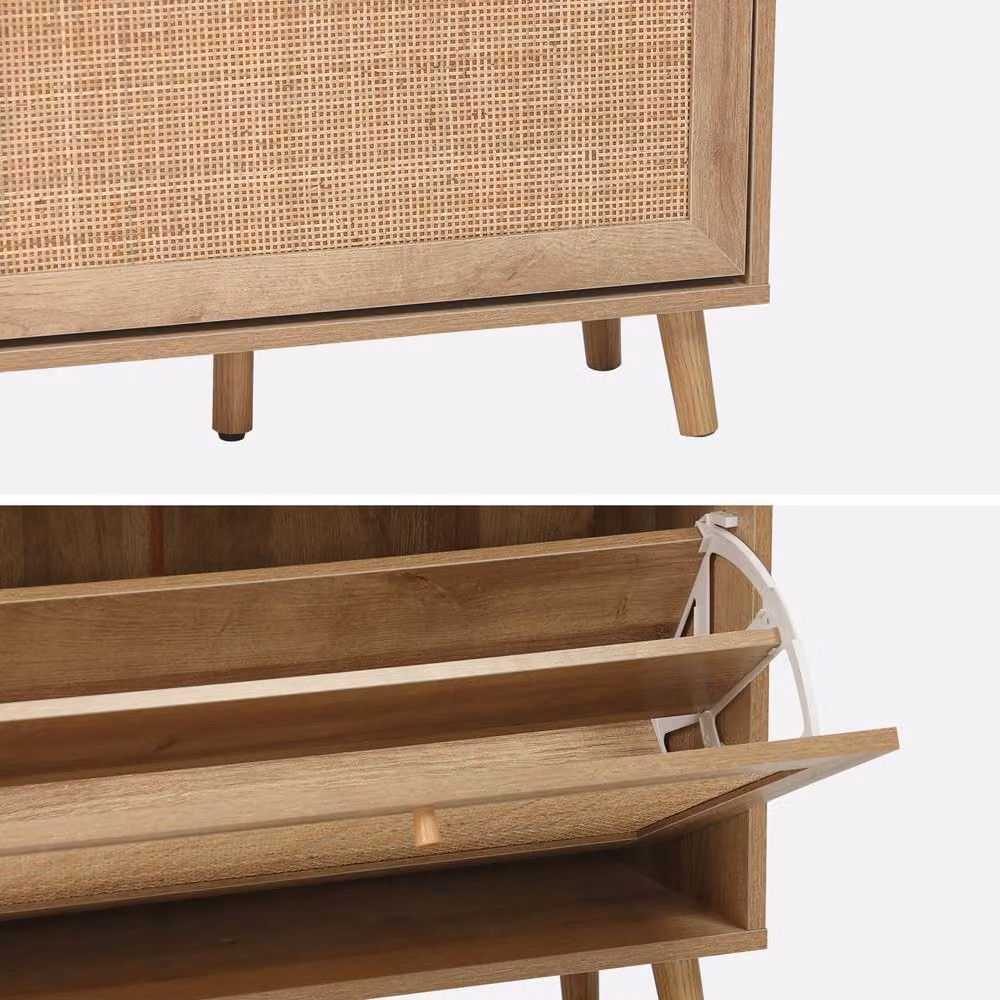 sweeek Boho Wood and Rattan Shoe Cabinet with 3 Drawers and Tilting Compartments in Light Brown – 3