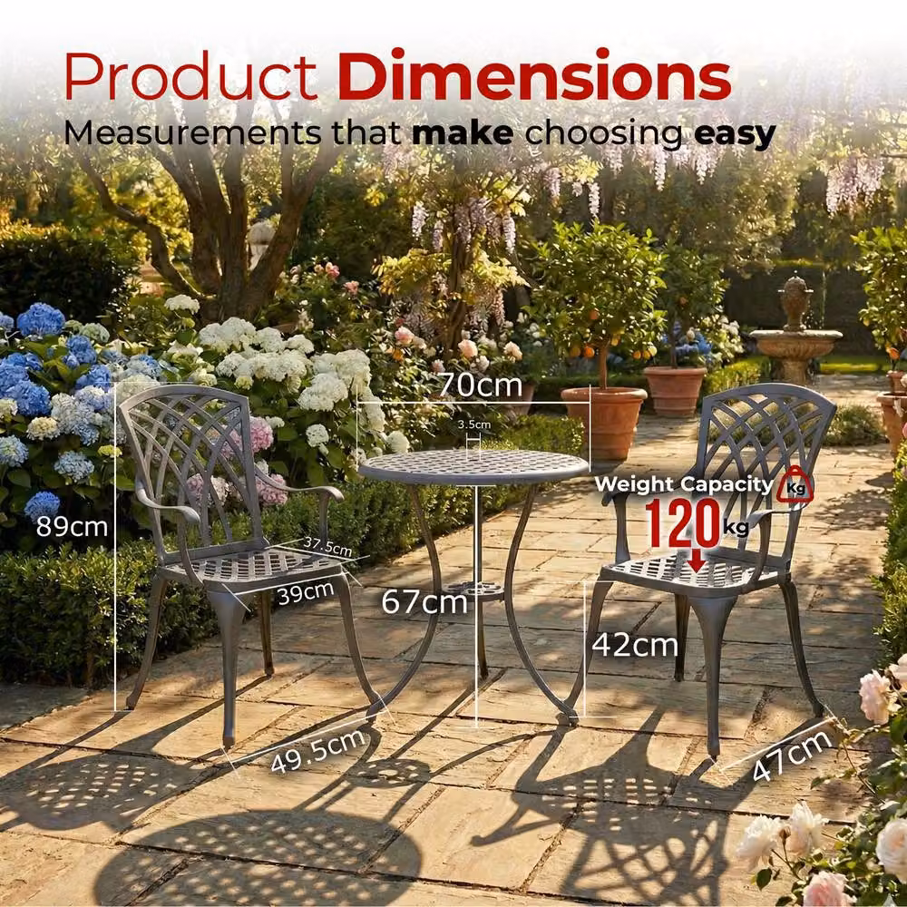 Centurion Supports OSHOWA Cast Aluminium Bistro Set with Round Table and 2 Chairs in Grey – 5