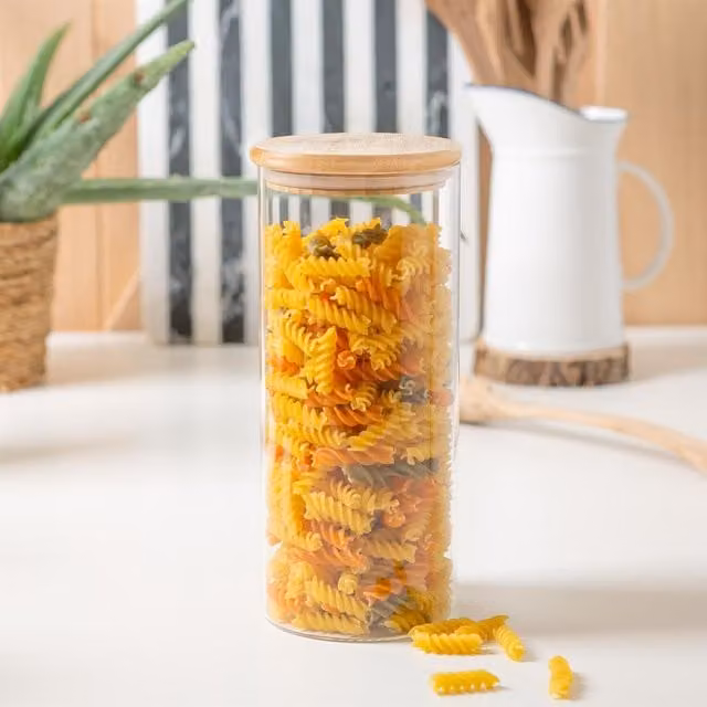 Argon Tableware Scandi Glass Storage Jar with Wooden Lid, Transparent and White, 1.5 l
