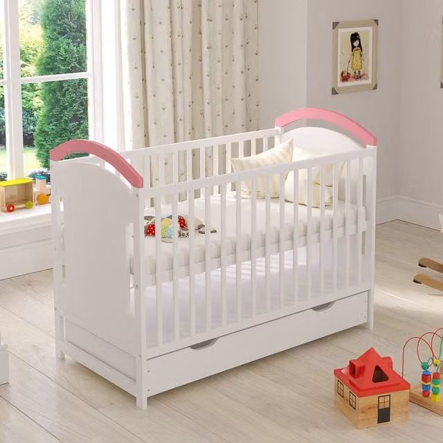 Love For Sleep Amie Cot Bed with Drawer, White and Pink, W: 120 cm, D: 60 cm