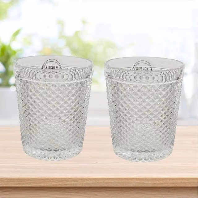 Set of 2 Shop4allsorts Diamond Cut Geometric Whisky Tumbler Glasses, Clear, 320 ml