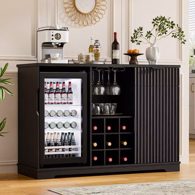 BROTTAR Modern Wine Bar Cabinet with Fridge, Black, W: 120 cm, D: 43.5 cm, H: 120 cm