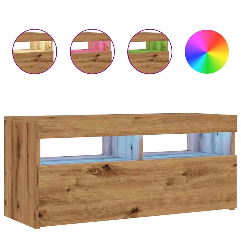 Berkfield Home Artisan Oak TV Cabinet with Integrated LED Lights in Brown, W/D/H: 90 x 35 x 40 cm