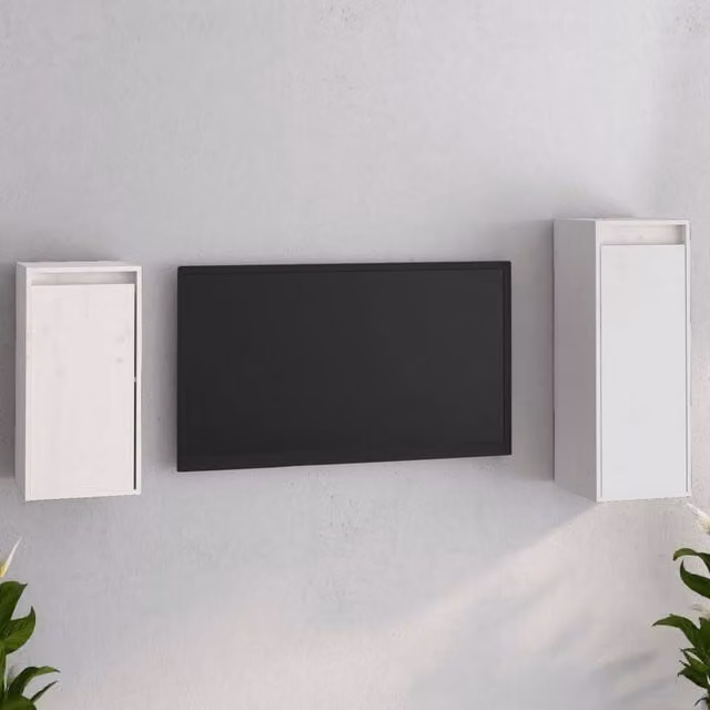 Berkfield Home Set of 2 White Solid Pine Wall Mounted TV Cabinets with Hinged Doors and Internal Shelves