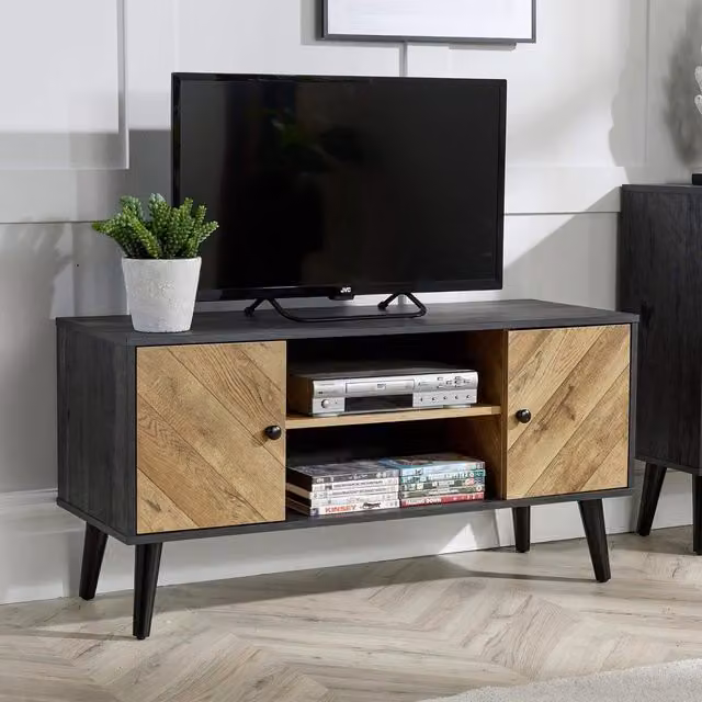 Home Source Dallas Herringbone 2 Door TV Stand Storage Unit in Black – 1