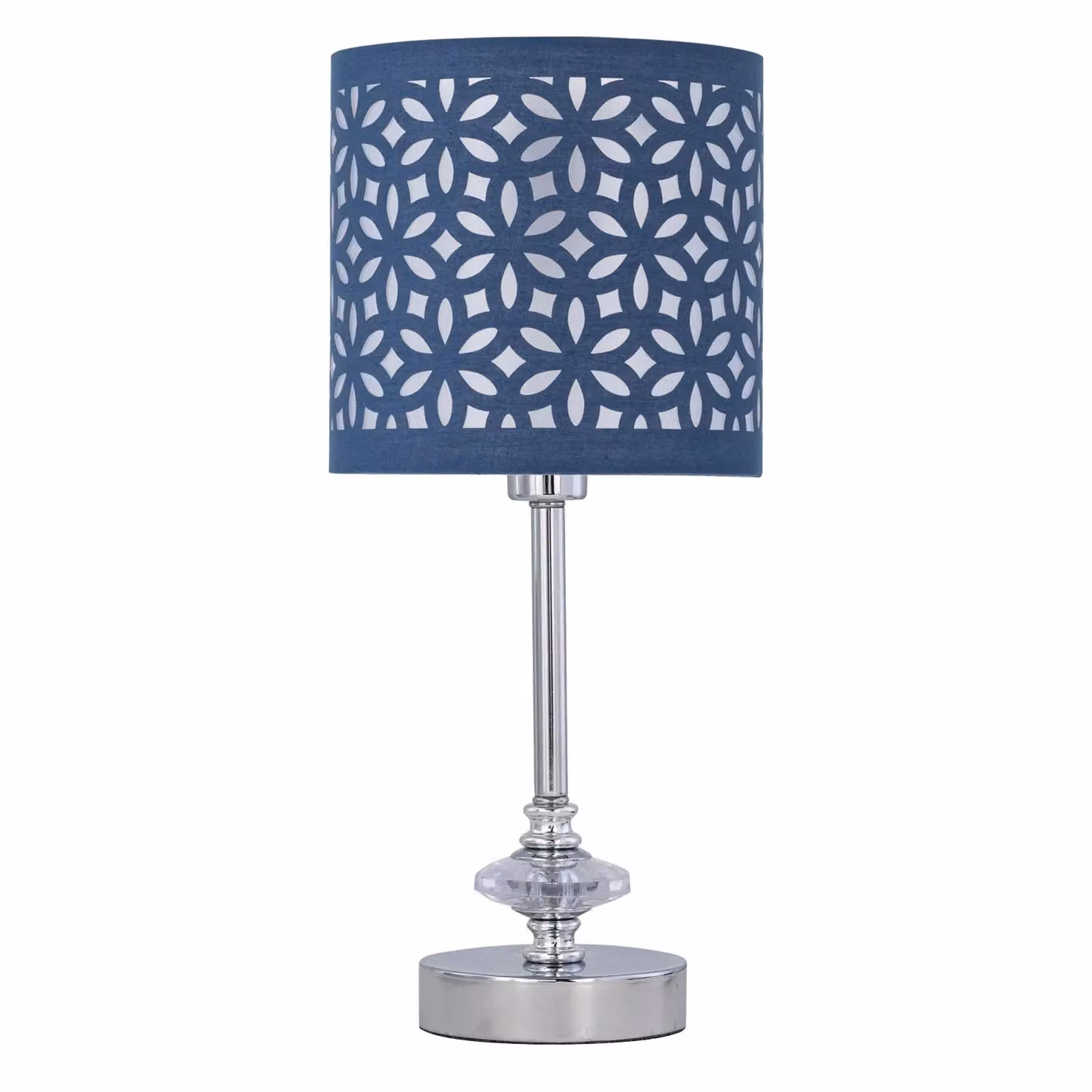 First Choice Lighting Set of 2 Chrome Jewelled Table Lamps with Navy Blue Fabric Shades – 2