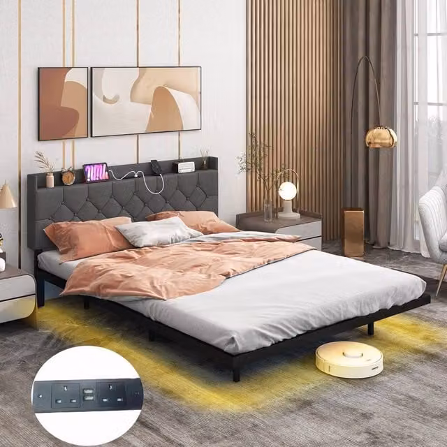 Costway King Size Modern Upholstered Floating Platform Bed Frame in Grey with Under-Bed Lighting and USB Charging Ports, W/D/H: 180 x 200 cm