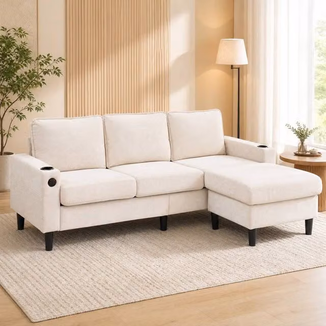 STILVORA Reversible L-Shaped Fabric Sofa in Beige with USB Charging, Cup Holders and Matching Storage Ottoman – 1