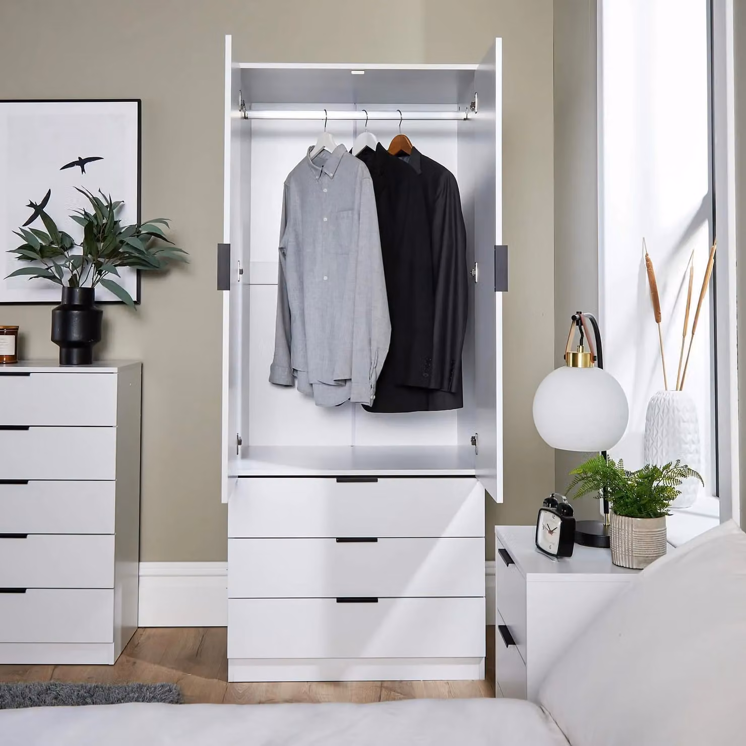Home Source Phoenix 2 Door 3 Drawer Wardrobe in White with Internal Shelves and Hanging Rod – 2