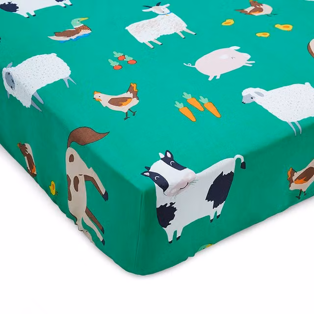 Catherine Lansfield Farmyard Animals Junior Polycotton Fitted Sheet, Green, W: 70 cm, D: 140 cm, H: 15 cm