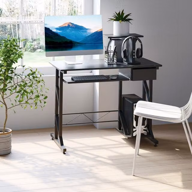 HOMCOM Modern Computer Desk with Sliding Keyboard Tray in Black