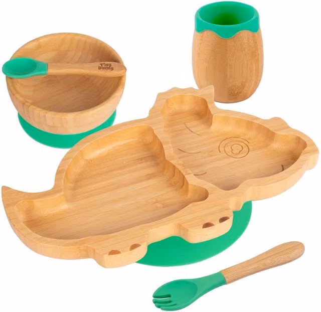 Tiny Dining 5-Piece Bamboo and Silicone Dinosaur Baby Weaning Set in Green