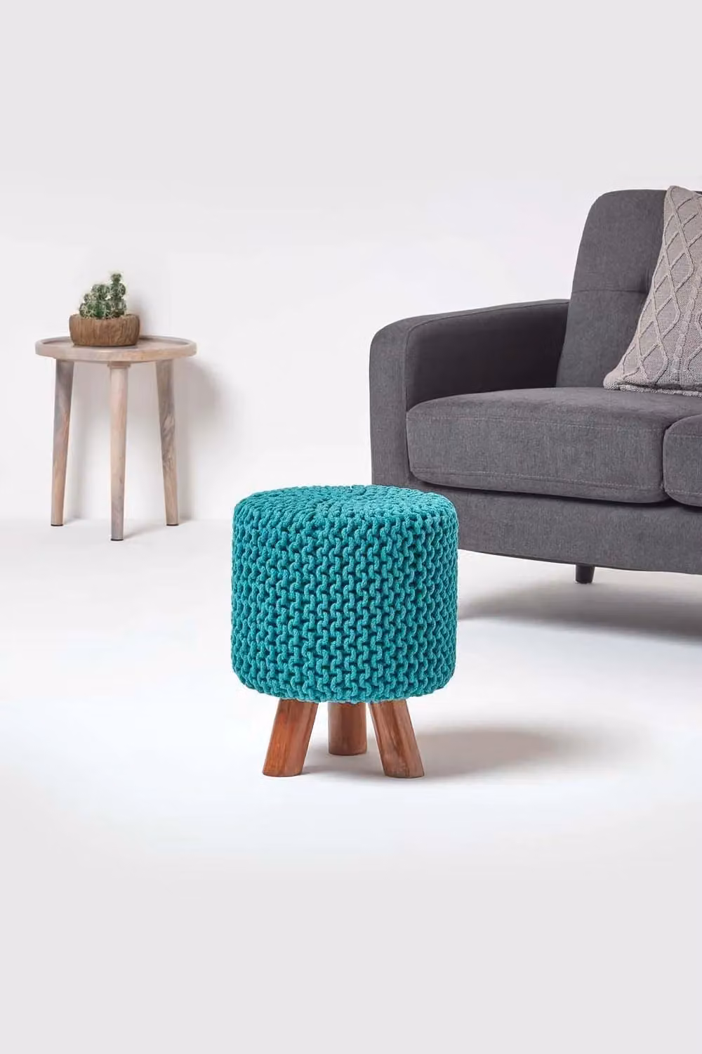 Homescapes Tall Green Cotton Knitted Cylindrical Footstool with Wood Frame – 2