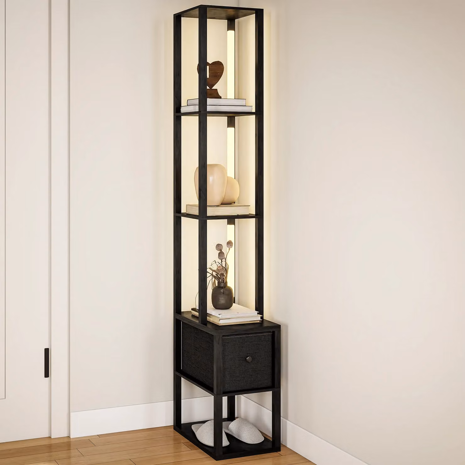 HOMCOM LED Floor Lamp with Shelves and Fabric Drawer in Black, H 169 x W 43.5 x D 26.5 cm – 2