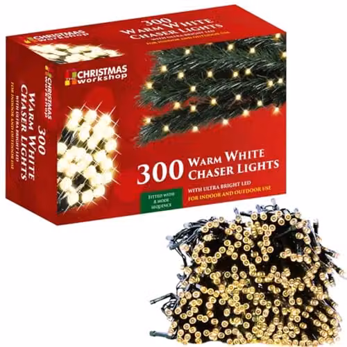 The Christmas Workshop 300 Warm White LED Chaser Fairy Lights with 8 Light Modes, 20.9 Metres – 1