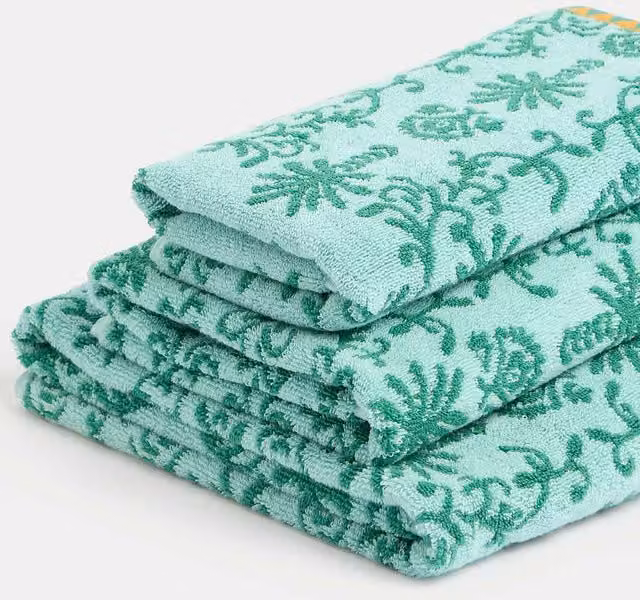 M&S Pure Cotton Floral Palm Towel in Light Turquoise