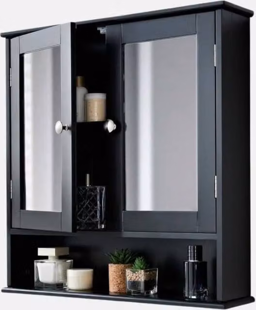 Home Luxe Interior Maine Black 2 Door Bathroom Wall Cabinet with Mirrored Glass Doors and Storage – 1