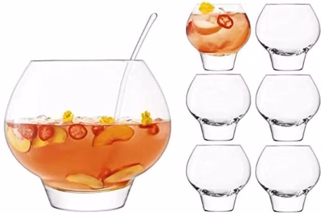 LSA Clear Glass Punch Bowl with Ladle and Handmade Balloon Glasses