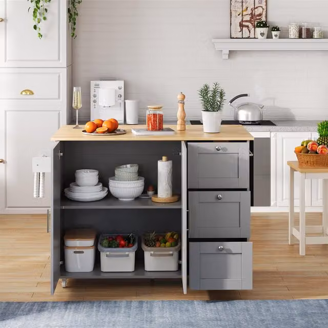 Aosom UK Grey Kitchen Island Trolley with 3 Drawers, 2-Door Cabinet and Foldable Worktop, W: 70 cm, D: 70 cm, H: 90 cm